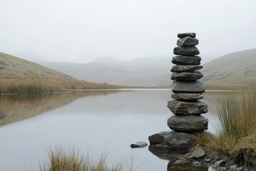 Poster - A stack of rocks next to a calm body of water