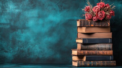 Aufkleber - Stack of vintage books decorated with roses for a cozy reading nook
