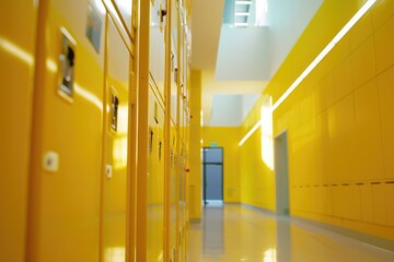 Wall Mural - A bright hallway with yellow lockers under a skylight