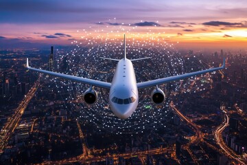 Poster - Airplane flying over city skyline with digital network connections
