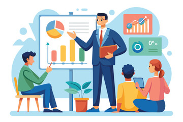 Poster - a manager coach presents data trends to a small group in a training session with charts and graphs m