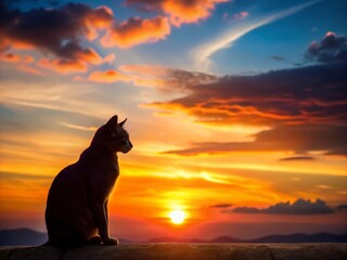 Naklejka na meble Serene Silhouette of a Cat Resting Peacefully Against a Soft Sunset Background, Capturing Tranquility and Calmness in a Cozy Home Environment