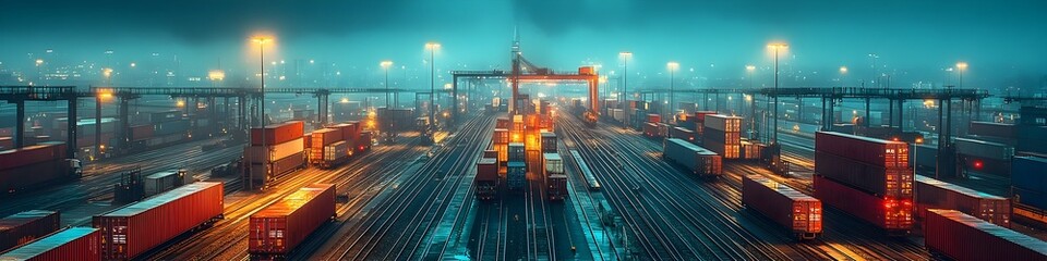 Poster - Aerial panoramic view of a busy cargo freight transportation terminal at night. Rows of stacked shipping containers,cargo trains,and large industrial cranes illuminate the industrial landscape.