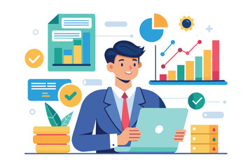Poster - a manager reviews business data on a laptop surrounded by charts, graphs, and documents in an office