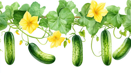 Cucumber vine vegetable watercolor painting isolated on white background.