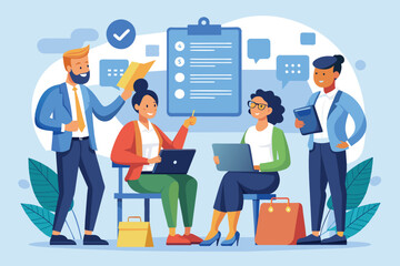 Poster - a group of managers discuss and refine business rules in a contemporary workspace, engaging in teamw