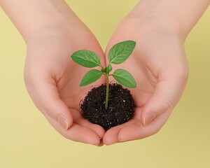 Hands nurturing a small green plant in soil.