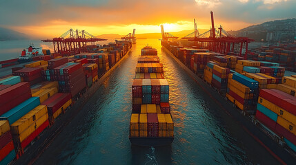 Poster - Aerial panoramic view of a busy cargo shipping port with colorful containers during a dramatic sunset. Concept of global trade,logistics,distribution and supply chain network.