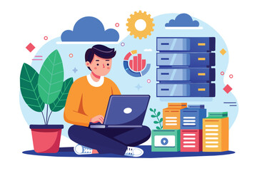 Poster - a person manages laptop database storage using flat file systems in a vibrant workspace with plants 