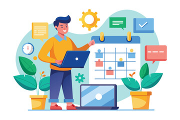 Poster - A young professional manages daily schedules using a laptop and calendar with vibrant illustrations Managing schedules with flat illustrations.