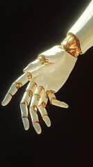 Fototapete - An AI robot arm reaching toward a human hand against a dark background symbolizing human-robot interaction and the future of artificial intelligence with side empty space for text Stockphoto style