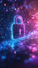 Fototapete - A cybersecurity concept with a padlock icon over a digital code background representing data protection and privacy in technology with side empty space for text Stockphoto style