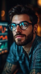 Fototapete - A data analyst viewing multiple monitors filled with complex data charts and graphs in a dark workspace representing the power of data science with side empty space for text Stockphoto style