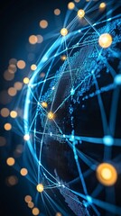 Fototapete - A futuristic hologram displaying a virtual globe with network connections symbolizing global digital transformation with side empty space for text Stockphoto style