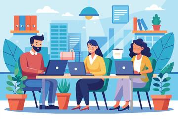 Poster - Three colleagues focus on their laptops in a bright office space filled with greenery and natural light Men and women working on laptops in an office, flat illustration.