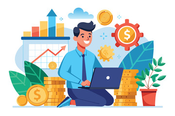 Poster - A man is engaged in investment activities on his laptop, surrounded by monetary symbols and charts Men invest and make money, simple picture