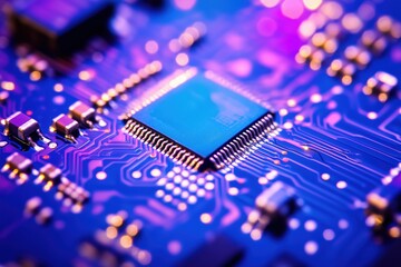 Poster - Microchip on circuit board, vibrant colors, intricate design, technology
