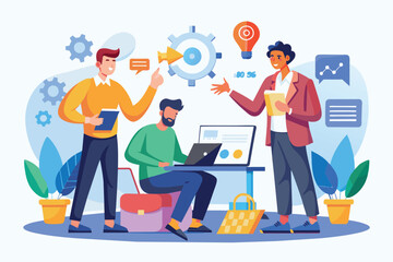 Poster - three professionals discuss business strategies while using a laptop and tablets in a modern office 