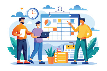 Poster - three men collaborate on planning work schedules using a calendar and digital device in an office sp