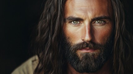 Poster - A man with a beard and long hair is looking at the camera