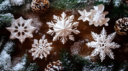 White Paper Snowflakes and Pine Cones on a Brown Wooden Surface