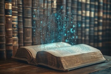 Poster - Magical book with floating binary code, ancient library background, knowledge transformation