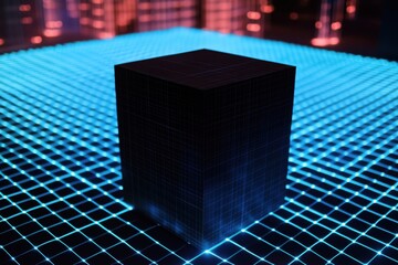 Poster - 3D cube on glowing grid, futuristic digital environment, neon lights
