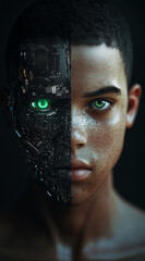 Poster - A person's face, split vertically in half, showing a robotic side with circuitry and a glowing green eye, and a human side with freckles and a serious expression