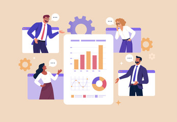 Fototapete - Online Business Analytics Concept. Vector illustration of diverse people in web page windows discussing statistical graphs. Isolated on background