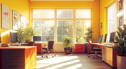 Poster - A well-lit office space with large windows, multiple computers, and a desk near a plant