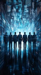 Fototapete - A business team in a video conference with colleagues displayed on a large screen symbolizing remote teamwork and modern work environments with side empty space for text Stockphoto style