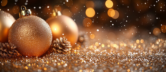 Wall Mural - Christmas golden ornaments close up, glitter bokeh background. Merry Christmas and Happy Holidays greeting card, frame, banner. New Year. Noel. Winter festive xmas theme.