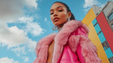 Poster - A woman in a pink fur coat stands in front of a building