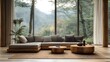 © prasong. - Cozy and minimalist modern living room interior design with comfortable sofa and coffee table,showcasing a scenic forest landscape view through large glass windows in a peaceful,natural setting.