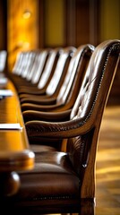 Fototapete - A group of executives in a formal boardroom conducting a strategic planning session around a long table with documents and laptops with side empty space for text Stockphoto style