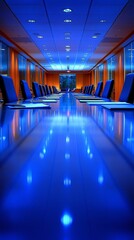Fototapete - A group of executives in a formal boardroom conducting a strategic planning session around a long table with documents and laptops with side empty space for text Stockphoto style