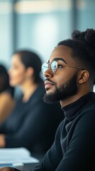 Wall Mural - A diverse group of coworkers reviewing documents and charts in a brightly lit office showcasing teamwork and collaboration with side empty space for text Stockphoto style