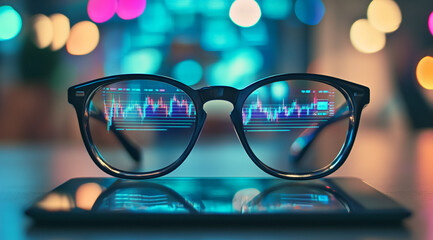 Poster - A pair of glasses sits on a black tablet, with a stock market chart reflected in the lenses. The blurred lights in the background suggest an evening setting