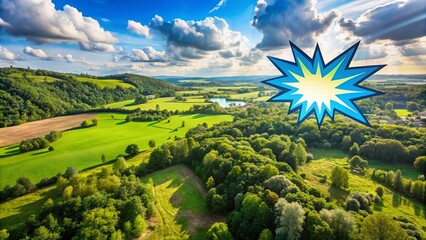 Poster - Sudden Idea Bubble Floating Above a Scenic Landscape Captured by Drone, Comic Style Speech Bubble Representing Inspiration and Creativity in a Vibrant Setting