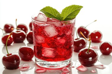 Wall Mural - A close-up shot of a refreshing drink with ice and cherries