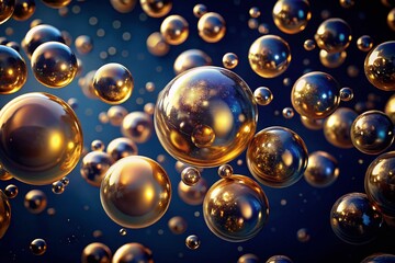 Poster - Surreal Capture of Glimmering Gold Abstract Bubbles Cascading Through a Deep Dark Blue Background, Evoking a Dreamlike Atmosphere of Fluidity and Motion in Photographic Art