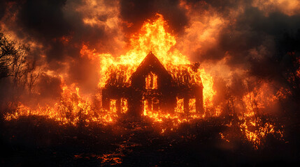 Poster - Dramatic and Intense Scene of a Raging Inferno Engulfing and Completely Destroying an Abandoned Wooden House,Creating a Chaotic and Hellish Apocalyptic Landscape with Towering Flames,Thick Smoke.