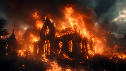 Poster - Dramatic and intense scene of an ancient Gothic cathedral engulfed in a fiery blaze,with flames and smoke billowing into the night sky. The historic landmark is being consumed by the powerful.