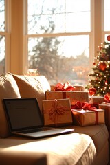 Poster - A cozy living room scene with a laptop displaying Christmas sale items, surrounded by wrapped gifts and holiday decorations.