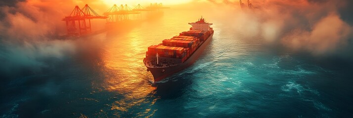 Poster - Dramatic sunset casts vibrant,moody colors across the sky,reflecting off the towering,container-laden cargo ship sailing through the bustling industrial shipping port at dusk.