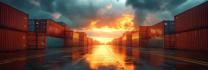 Poster - Dramatic sunset illuminating a vast container port facility with towering cargo vessels,cranes,and symmetrical stacks of shipping containers reflecting on the calm waters.