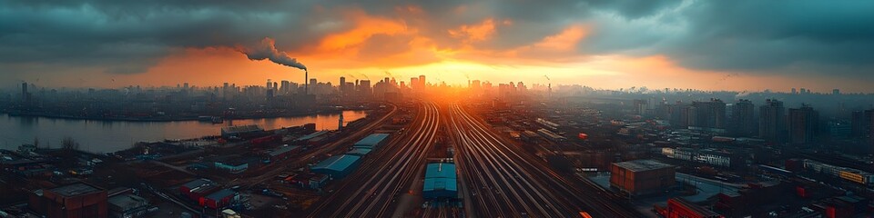 Poster - Dramatic sunset cityscape panorama with train tracks,skyscrapers,and urban infrastructure in a modern downtown financial and commercial district.