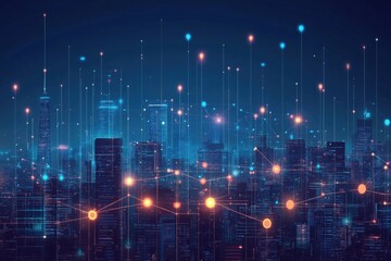 Aufkleber - Futuristic city skyline with digital connections and glowing nodes