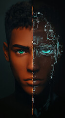 Aufkleber - A close-up portrait of a person with half of their face composed of digital circuitry. The image depicts the intersection of technology and humanity