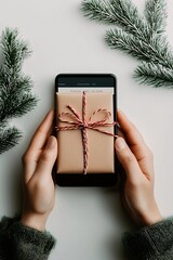 Poster - A flat lay of holiday shopping essentials like a gift card, shopping list, and a mobile phone displaying a Christmas sale website.